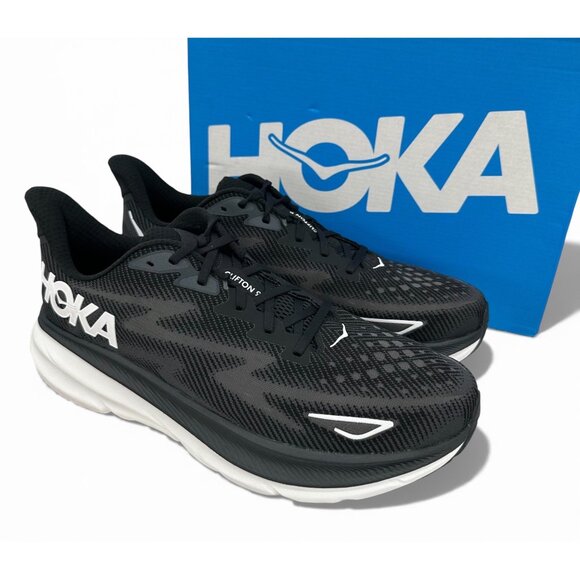 HOKA Clifton 9 Supportive Running Shoes Black White Cushioned Trainers Men’s 14 - Picture 2 of 13